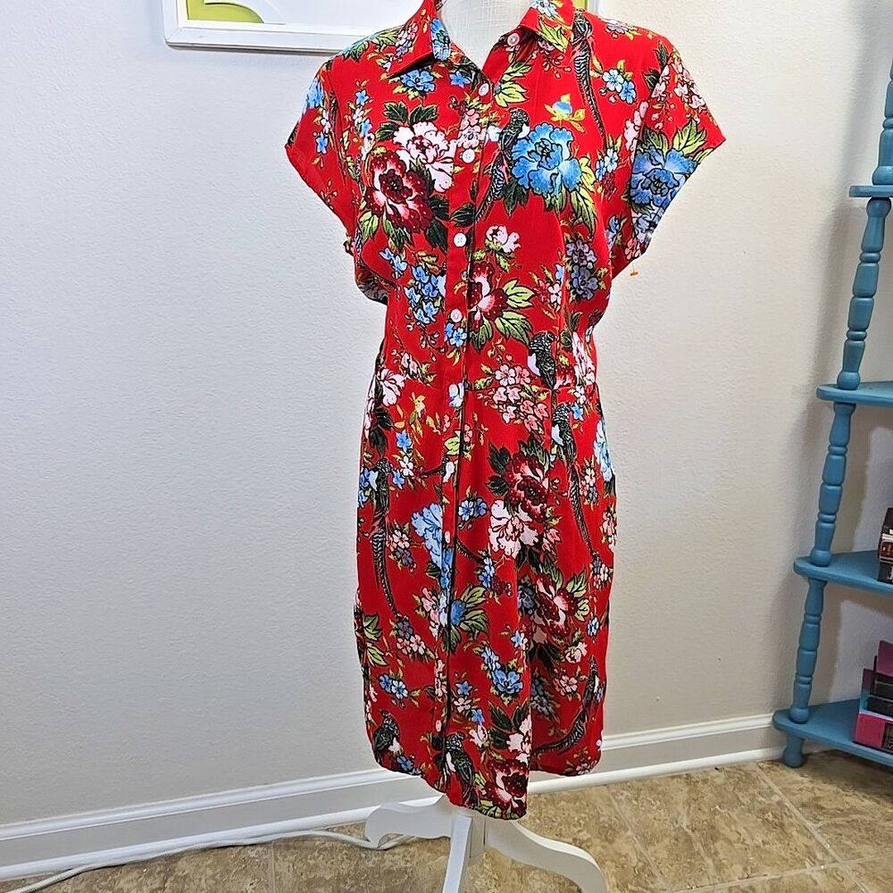 City Streets Size XL Tropical Button Front Dress Bright Red Birds and Flowers